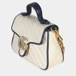 Pre Owned Gucci Navy White Calfskin Matelasse Diagonal Torchon Mini GG Marmont Top Handle