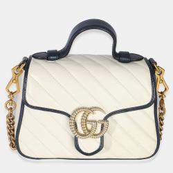 Pre Owned Gucci Navy White Calfskin Matelasse Diagonal Torchon Mini GG Marmont Top Handle