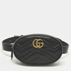 Pre Owned Gucci GG Marmont Belt Mini Black Matelassé Leather Bag