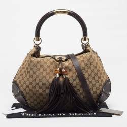 Pre Owned Gucci Babouska Indy Large Beige Canvas and Leather Hobo