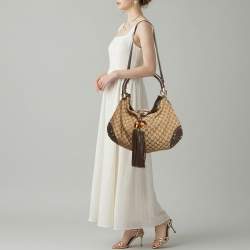 Pre Owned Gucci Babouska Indy Large Beige Canvas and Leather Hobo