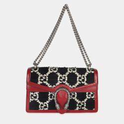 Pre Owned Gucci Black White Red Tweed GG Monogram Medium Dionysus Shoulder Bag
