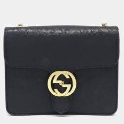 Pre Owned Gucci Black Leather Interlocking GG Crossbody Bag (510304)