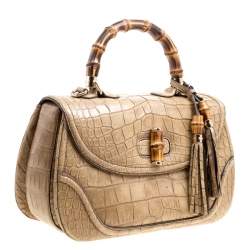 Gucci Beige Crocodile Leather Large New Bamboo Satchel