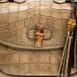 Gucci Beige Crocodile Leather Large New Bamboo Satchel