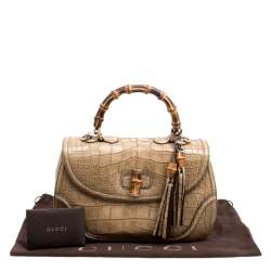 Gucci Beige Crocodile Leather Large New Bamboo Satchel