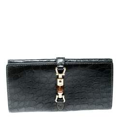 Gucci Grey Crocodile Bamboo New Jackie Continental Wallet