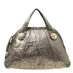 Pre Owned Gucci Metallic Grey Leather Large Hysteria Top Handle Bag
