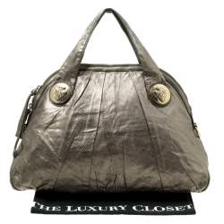 Pre Owned Gucci Metallic Grey Leather Large Hysteria Top Handle Bag