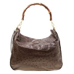 Gucci Brown Ostrich Bamboo Handle Hobo