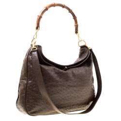 Gucci Brown Ostrich Bamboo Handle Hobo