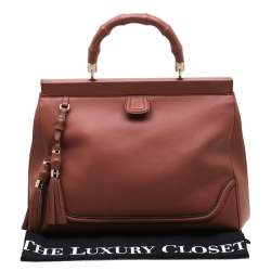 Pre Owned Gucci Solid Peach Leather Bold Bamboo Top Handle Bag