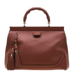 Pre Owned Gucci Solid Peach Leather Bold Bamboo Top Handle Bag