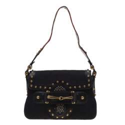 مملوكة مسبقًا حقيبة كتف غوتشي رانواي بلهام مرصعة جلد وكانفاس GG سوداء