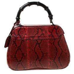Pre Owned Gucci Red Python Leather Lady Lock Bamboo Top Handle Bag