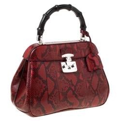 Pre Owned Gucci Red Python Leather Lady Lock Bamboo Top Handle Bag