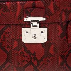 Pre Owned Gucci Red Python Leather Lady Lock Bamboo Top Handle Bag