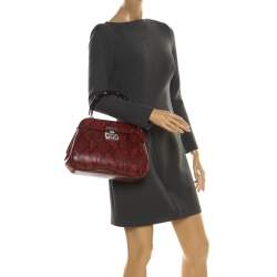 Pre Owned Gucci Red Python Leather Lady Lock Bamboo Top Handle Bag