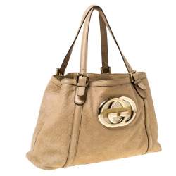 Pre Owned  حقيبة يد غوتشي بريت GG جلد بيج متوسطة