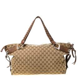 مملوكة مسبقًا Gucci Beige/Brown GG Canvas and Leather Medium Bamboo Bar Tote             