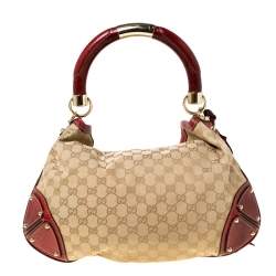 Pre Owned Gucci Beige/Red GG Canvas and Python Medium Babouska Indy Hobo