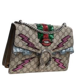مملوكة مسبقًا Gucci Beige GG Supreme Canvas Medium Sequin/Crystal Embellished Dionysus Shoulder Bag