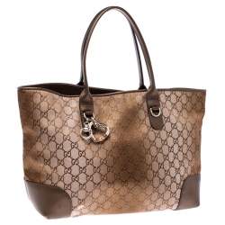 Pre Owned Gucci Beige/Bronze GG Canvas and Leather Medium Charms Embellished Heart Bit Tote
