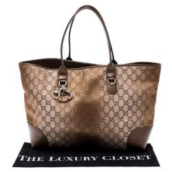 Pre Owned Gucci Beige/Bronze GG Canvas and Leather Medium Charms Embellished Heart Bit Tote