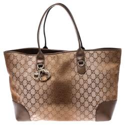Pre Owned Gucci Beige/Bronze GG Canvas and Leather Medium Charms Embellished Heart Bit Tote