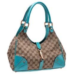 Pre Owned حقيبة غوتشي جاكي جلد وكانفاس GG  زرقاء / بيج