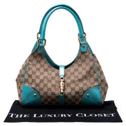Pre Owned حقيبة غوتشي جاكي جلد وكانفاس GG  زرقاء / بيج