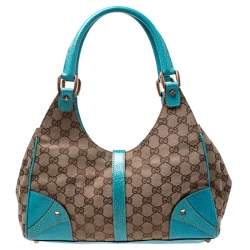Pre Owned حقيبة غوتشي جاكي جلد وكانفاس GG  زرقاء / بيج