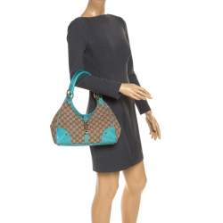 Pre Owned حقيبة غوتشي جاكي جلد وكانفاس GG  زرقاء / بيج