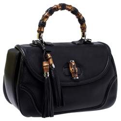 Pre Owned Gucci Black Leather Large New Bamboo Tassel Top Handle Bag