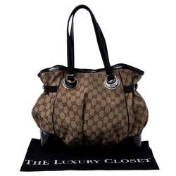 Pre Owned Gucci Beige/Black GG Canvas and Patent Leather Medium Full Moon Tote 