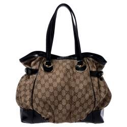 Pre Owned Gucci Beige/Black GG Canvas and Patent Leather Medium Full Moon Tote 