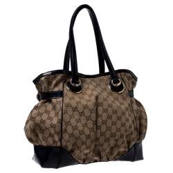 Pre Owned Gucci Beige/Black GG Canvas and Patent Leather Medium Full Moon Tote 