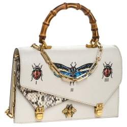 Pre Owned Gucci Cream Python and Leather Ottilia Bee Printed Bamboo Top Handle Bag      