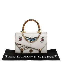 Pre Owned Gucci Cream Python and Leather Ottilia Bee Printed Bamboo Top Handle Bag      