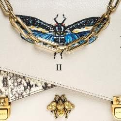 Pre Owned Gucci Cream Python and Leather Ottilia Bee Printed Bamboo Top Handle Bag      