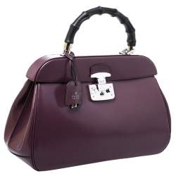 Pre Owned Gucci Purple Patent Leather Lady Lock Bamboo Large Top Handle Bag