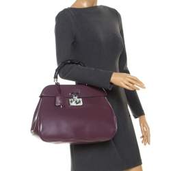 Pre Owned Gucci Purple Patent Leather Lady Lock Bamboo Large Top Handle Bag