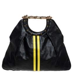 Pre Owned حقيبة يد غوتشي بامبو معدن مخططة صفراء جلد سوداء