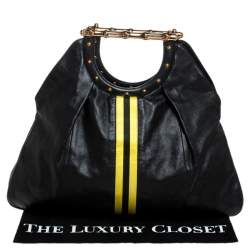 Pre Owned حقيبة يد غوتشي بامبو معدن مخططة صفراء جلد سوداء