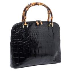 Pre Owned Gucci Black Alligator Bamboo Satchel