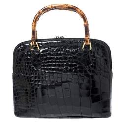Pre Owned Gucci Black Alligator Bamboo Satchel