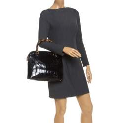 Pre Owned Gucci Black Alligator Bamboo Satchel