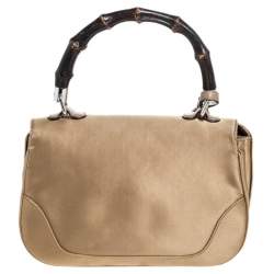 Pre Owned Gucci Gold Satin and Leather Bamboo Top Handle Bag