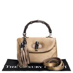 Pre Owned Gucci Gold Satin and Leather Bamboo Top Handle Bag