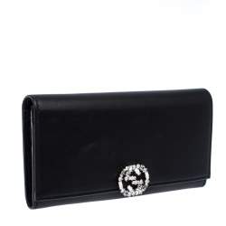  Gucci Black Leather Interlocking GG Crystal Continental Wallet